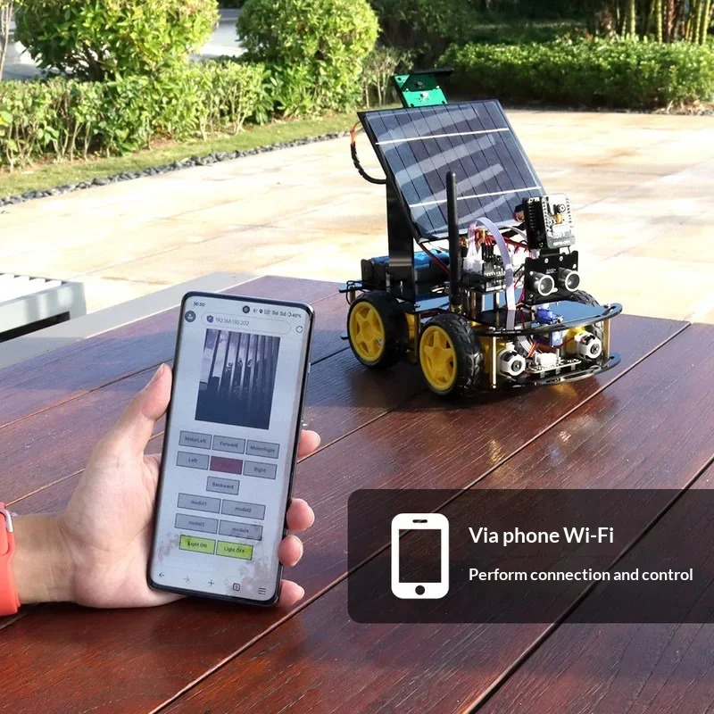 Solar Powered ESP32 CAM Programmable Robot Car With Ultrasonic Sensor IoT WiFi Control For Coding Education Students
