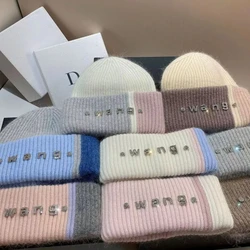 New Color Matching Beanies for Women Rabbit Fur Soft Fluffy Winter Hat Lady Pinkycolor Warm Angora Knitted Skullies Diamond WANG