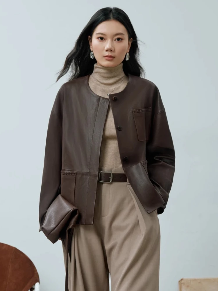 Vintage O-neck Genuine Leather Jackets for Women Spring Autumn 2025 New High-end Simple Single Breasted Soft Real Sheepskin Coat