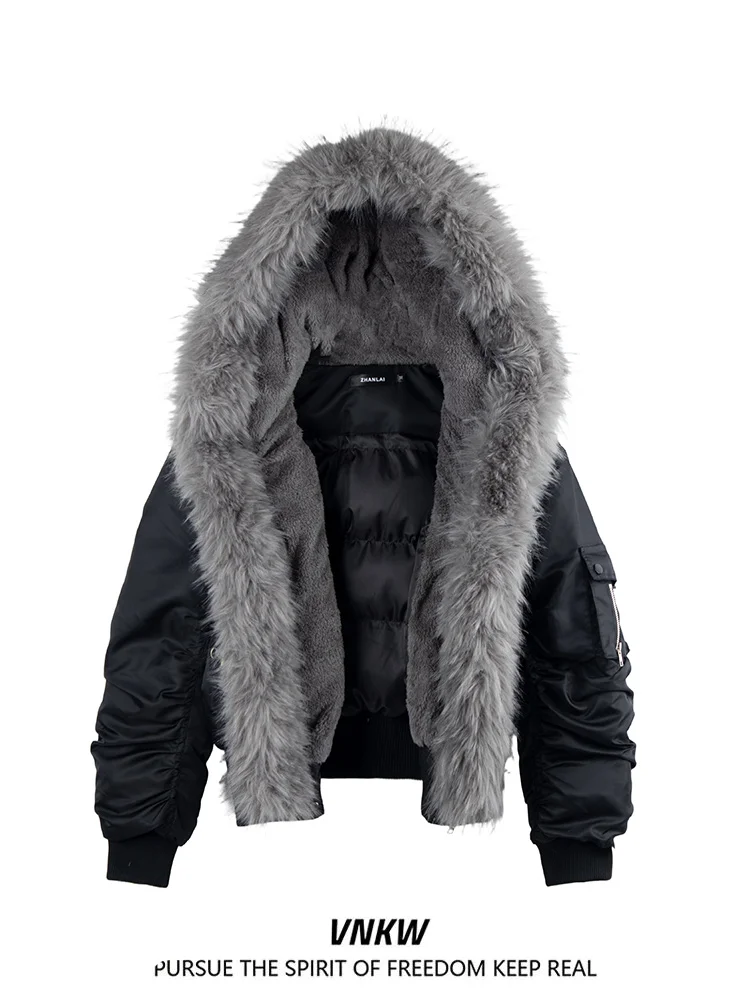 

American Retro Hooded Cotton Jaet Thiened Warm Winter Coat for Men And Women with Large Fur Collar Casual Sle Polyester...