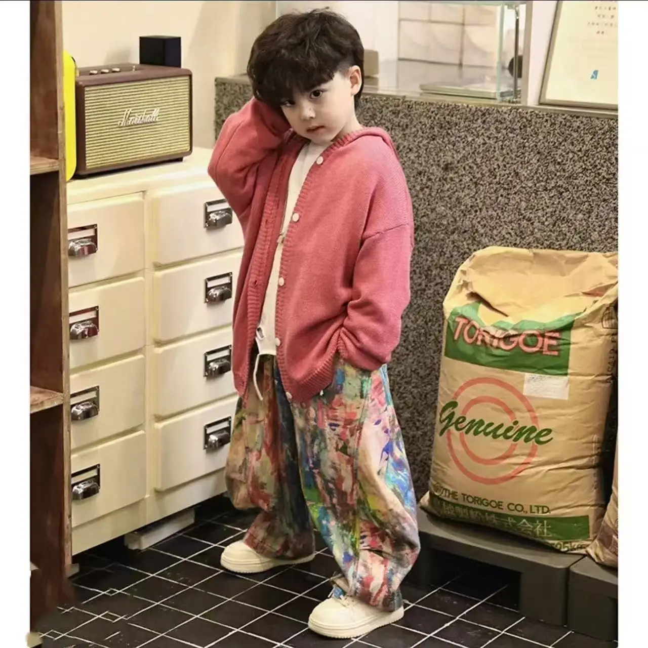 Boys' Lazy Style Hooded Knitted Cardigan Set With New Colourful Jeans Loose Soft Milk Sweater Coat