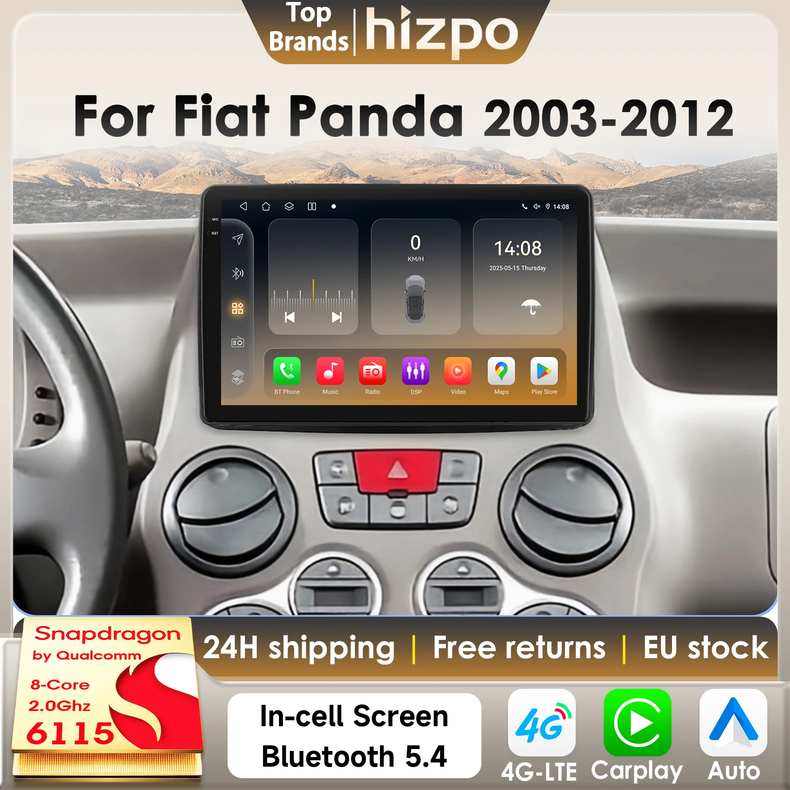 Hizpo 8Core 2Din Android 14 Autoradio Per Fiat Panda 2003 - 2012 AI Auto Multimedia GPS 4G Carplay 360Camera di Snapdragon 6115