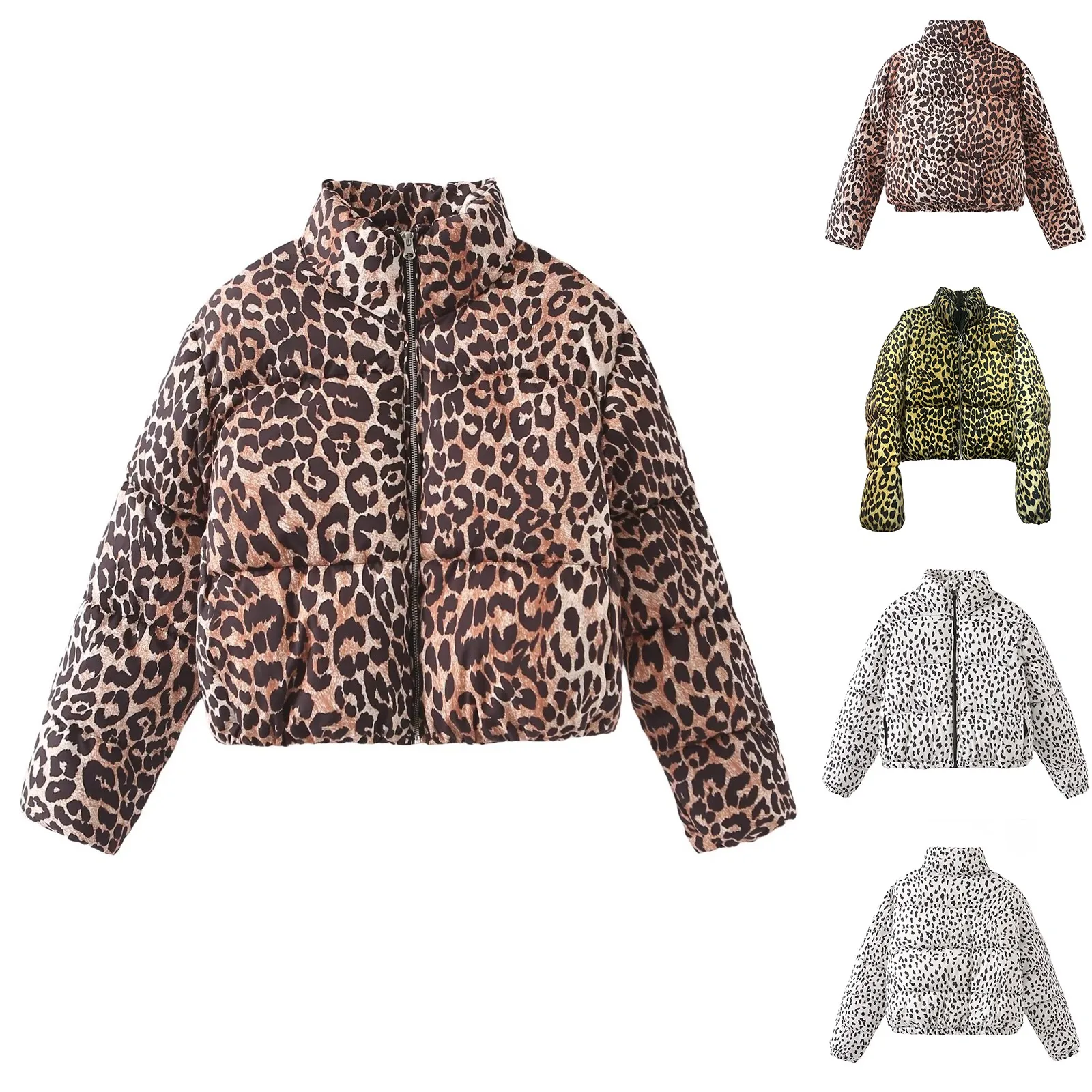 Women Leopard Print Cropped Puffer Jacket Winter Warm Stand Collar Zip Up Short Down Coat Outwears No hat Y2k High Streetwear