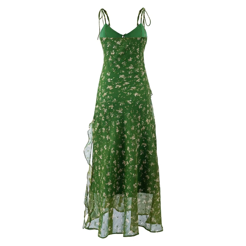 KEYANKETIAN 2026 French Floral Slip Maxi Dress Spaghetti Tie Straps Front Tie V-Neck Asymmetric Ruffle Hem Beach Vacation Dress
