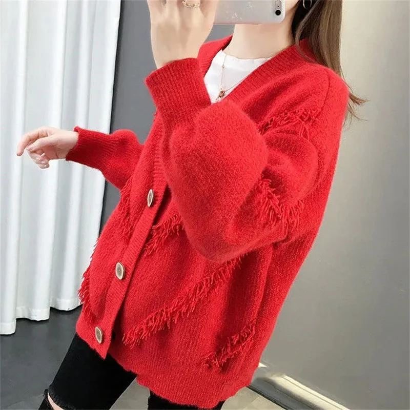 Women New Korean V-neck assels Knitted Jacket Thin Cardigan 2023 Female With Loose Online Celebrity Lazy Wind Thick Sweater Coat