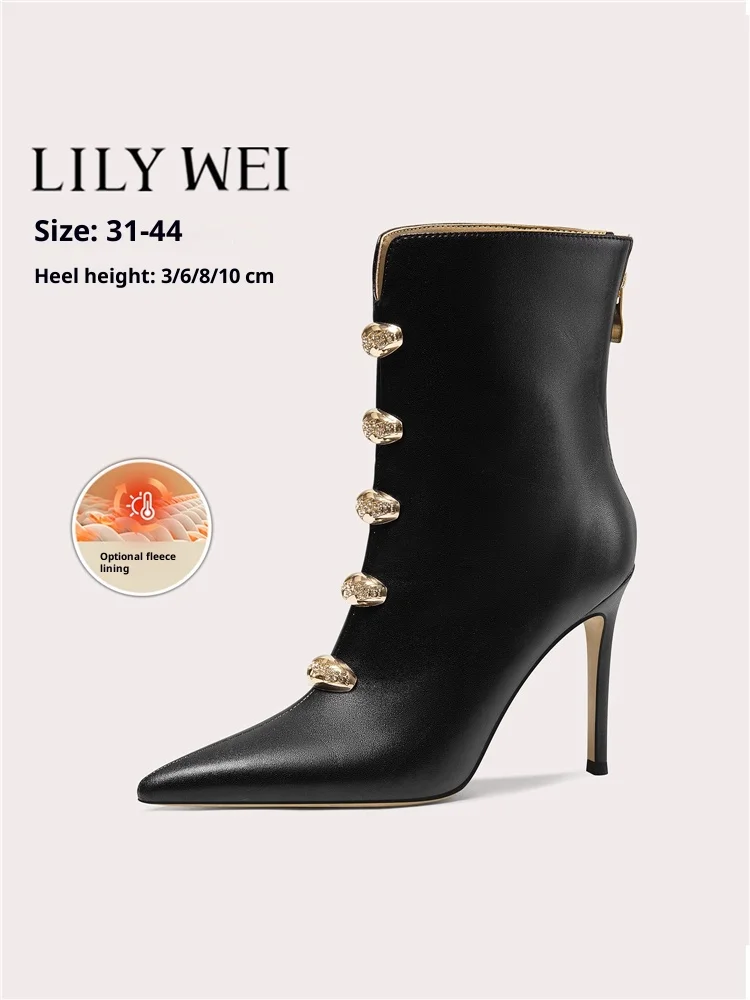 

Stiletto high heels winter pointed toe rhinestone metal buckle sexy boots banquet large size small size plush warm women's boots