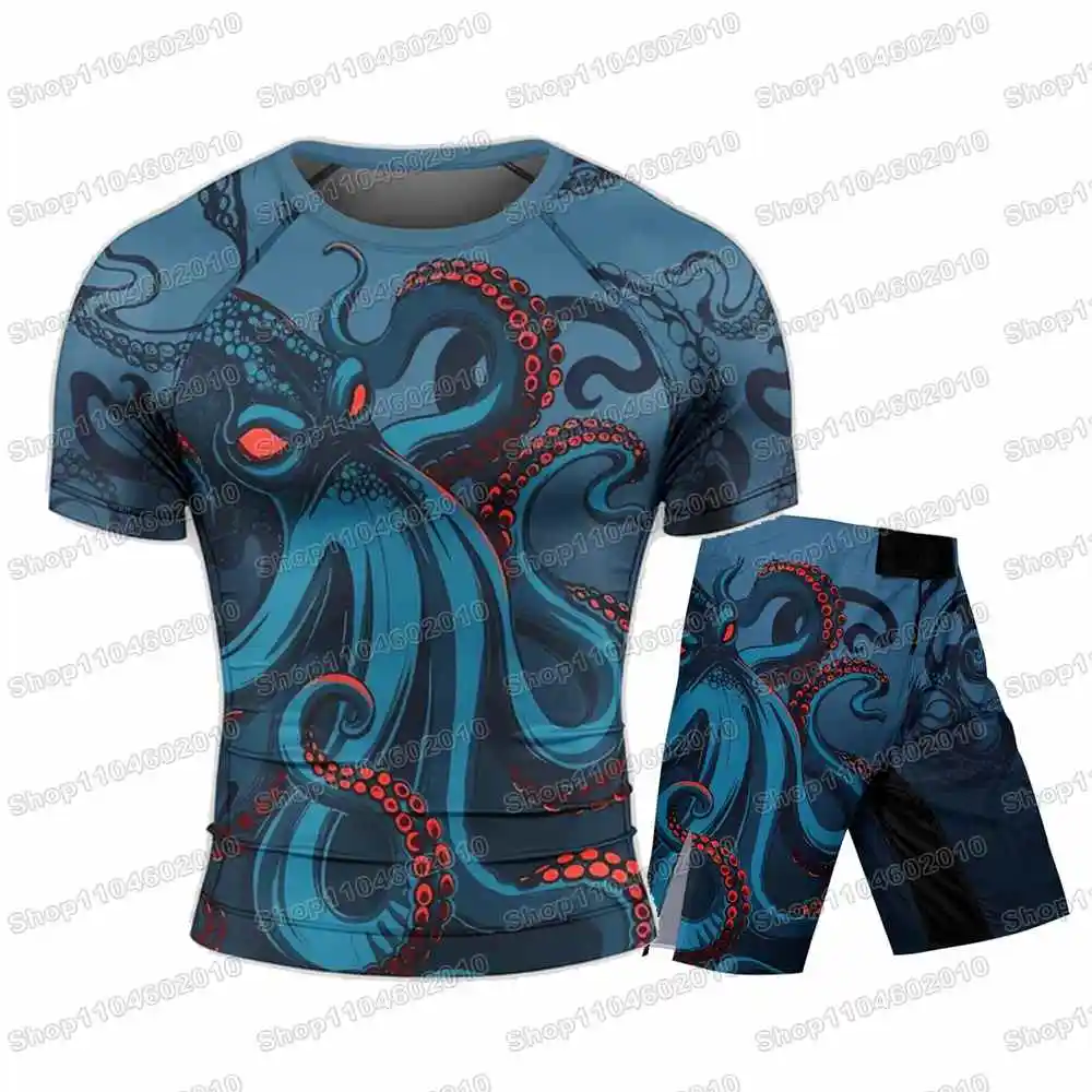

WWF Dark Sea Octopus Rash Guards Surfing Jersey Beach Shirts Swimwear Diving Gym Shorts MMA BJJ Men Jiu Jitsu Fitness Sets