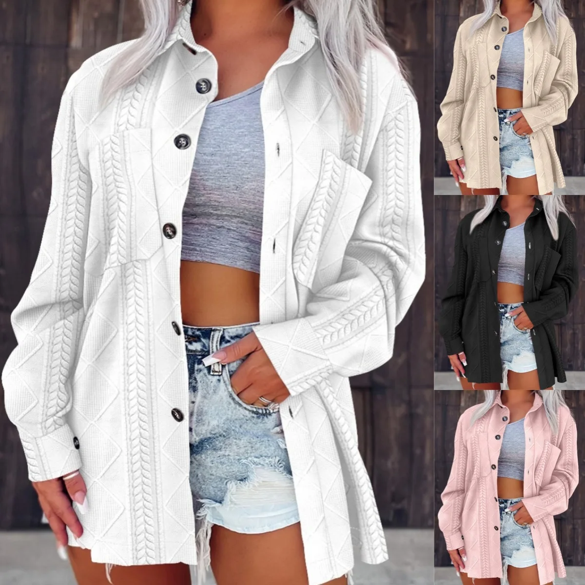 

Simple Lapel Solid Pattern Knitted Collar Pocket Streetwear Shirt Coat Cardigan Deep V Neck Long Sleeve Top Retro Lady Jackets