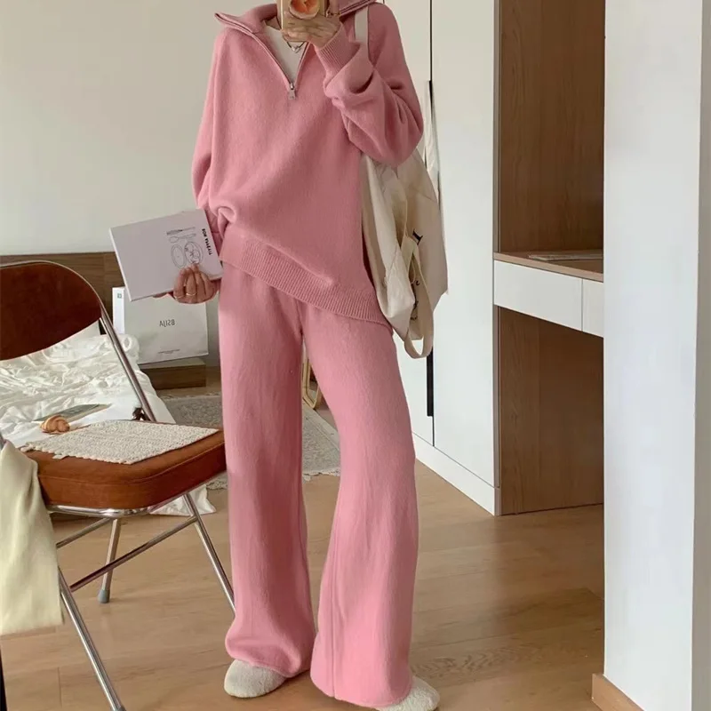 Autumn and Winter New Lapel Knitting Suit Women Loose Solid Sweater Wide-leg Pants Casual Two Piece Sets Womens Outifits