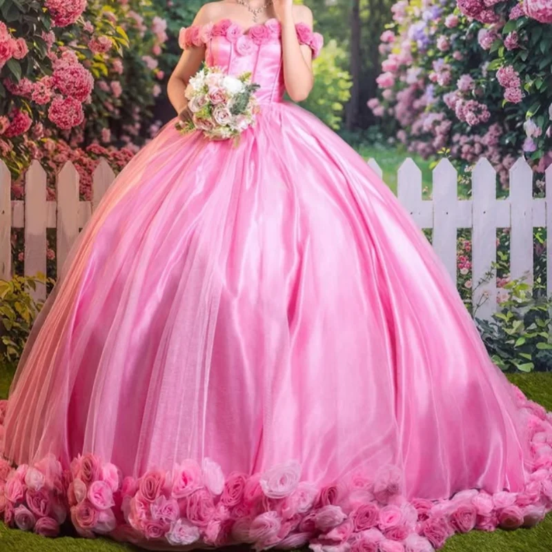 Pink Quinceanera Dress off-shoulder crystal  decal 3D flower Long tail vestidos de 15 Quinceanera ﻿Customize