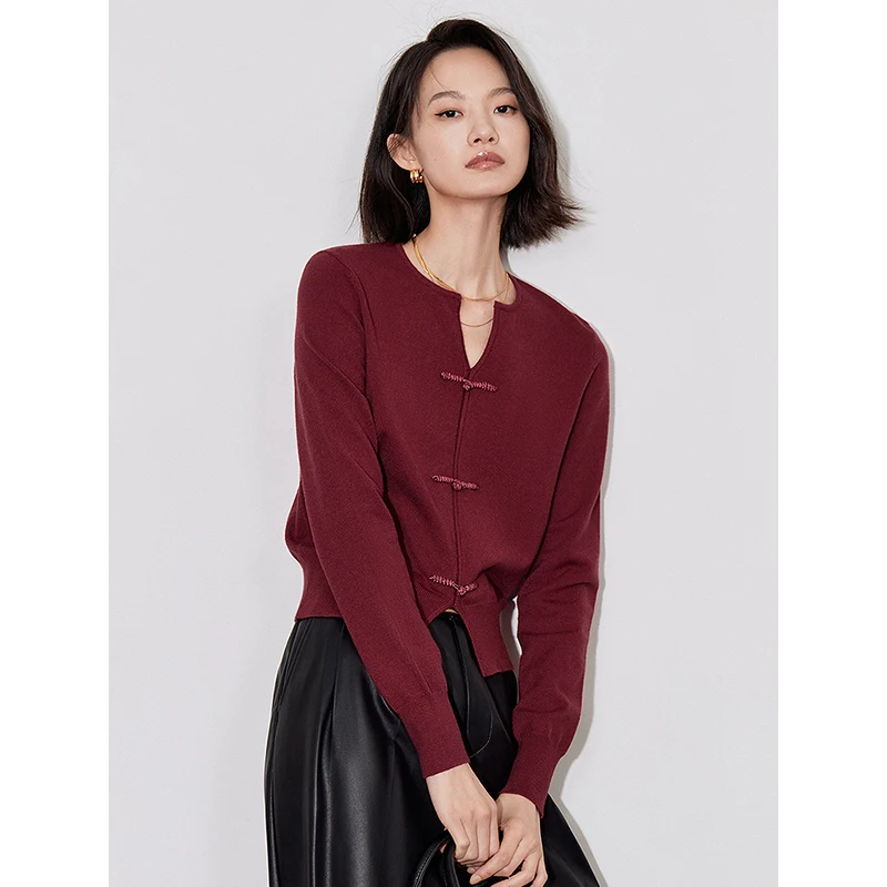 TOYOUTH Women Knitwear 2024 Autumn New Chinese Style Knot Button Slim Fit Pullover Tops