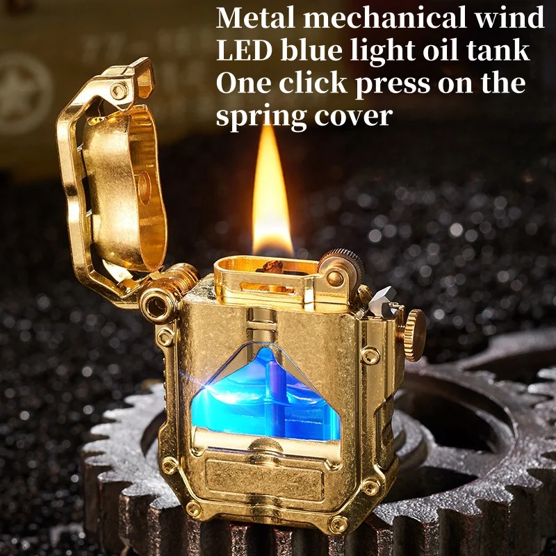 

Mechanical Transparent Oil Tank Lighter Creative And Personalized Retro Grinding Wheel Windproof Lighter With LED Blue Light