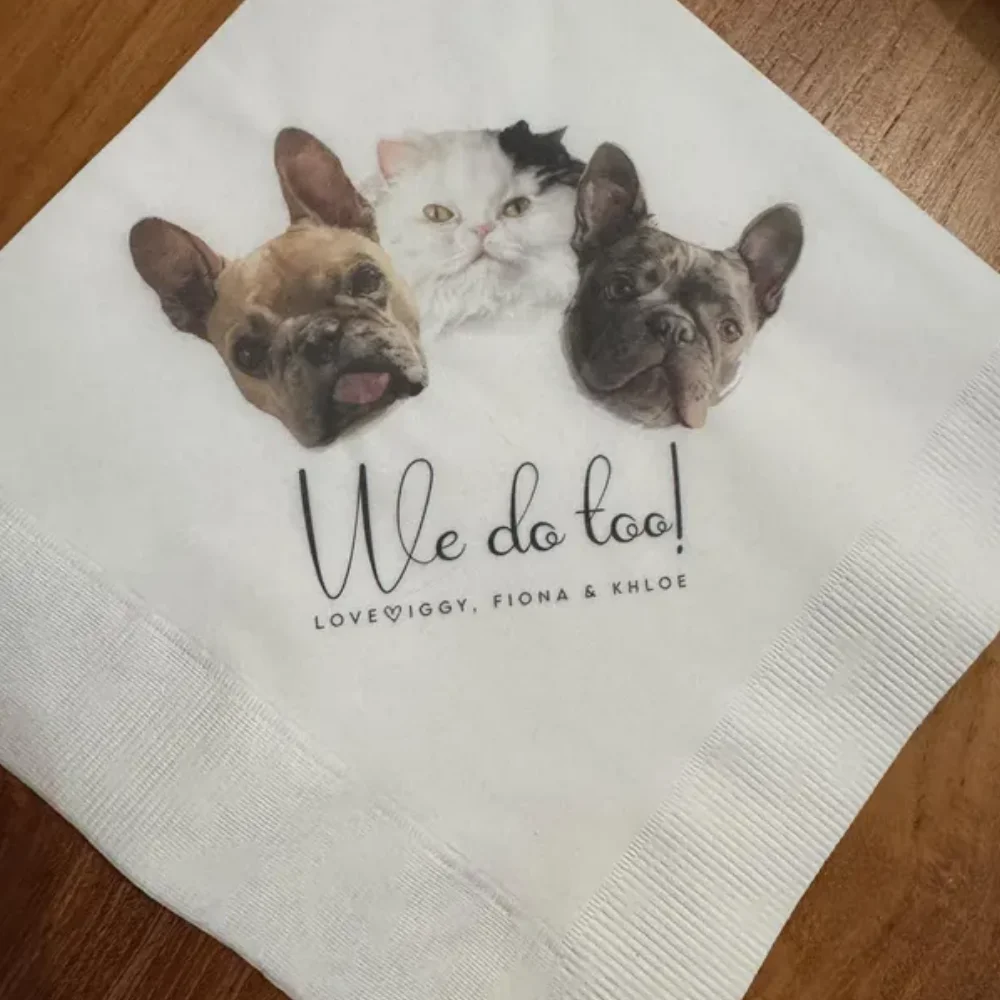 

50Pcs Full Color Personalized Pet Wedding Cocktail Napkins, Custom Wedding Napkins,Dog Cocktail Napkins,Couple Monogram Wedding