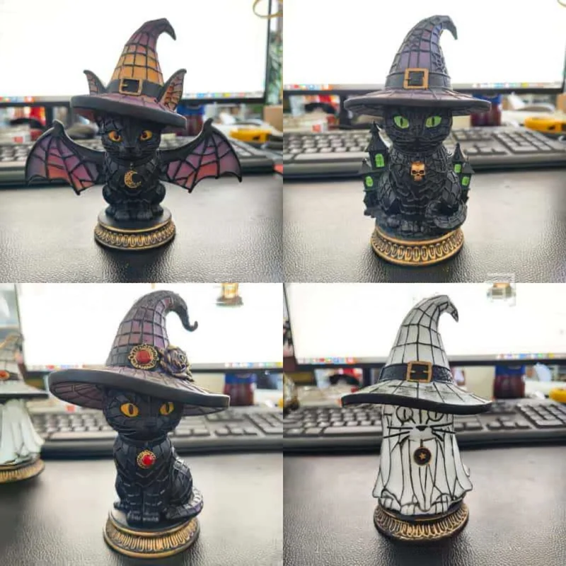 Stained Resin Black Cat Witch Hat Lamp USB Powered Halloween Gothic Table Light Night Decor for Bedroom Desk Party Gift