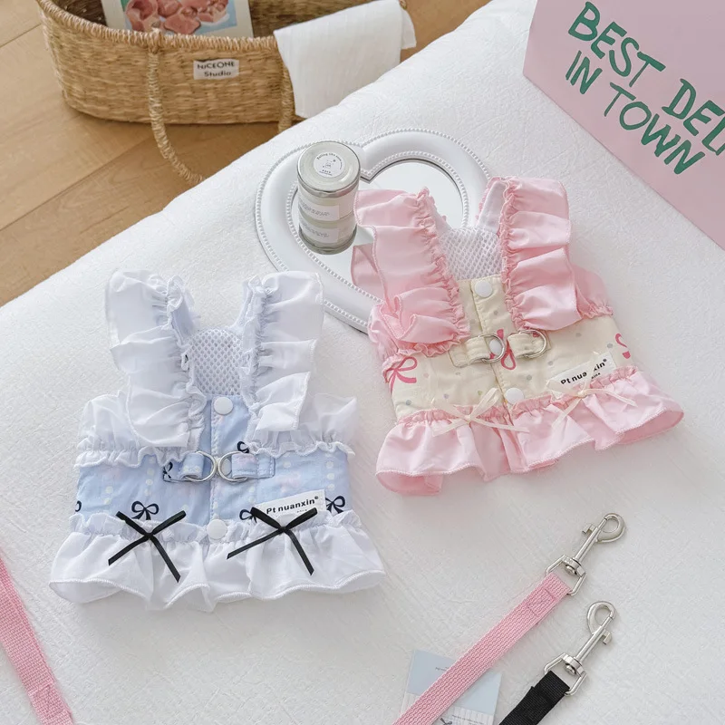 

Set Dog Color Contrast Traction Rope Bow Pet Fungus Lace Short Vest Walking Dogs Rope Small Dog Teddy Pet Supplies Dog Harness