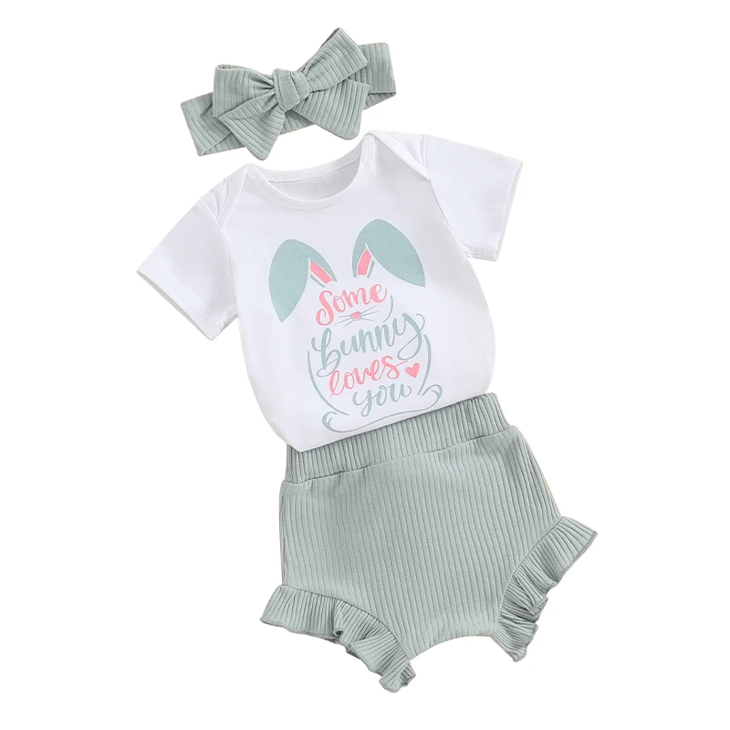 Baby Girl Easter Outfits Letter Rabbit Print Short Sleeve Rompers Bobbles Shorts Headband 3Pcs Summer Clothes Set