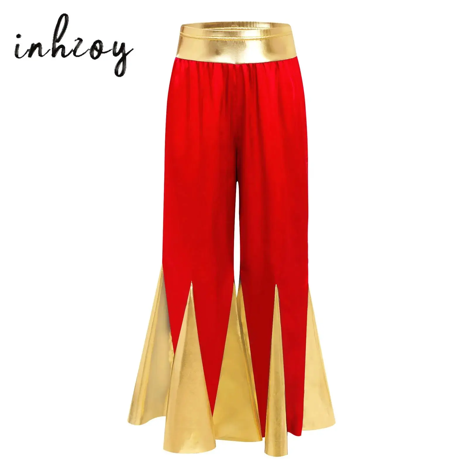

Kids Girls Liturgical Worship Lyrical Dance Pants Choir Church Costume Shiny Metallic Color Block Bell-Bottomed Pants Dancewear
