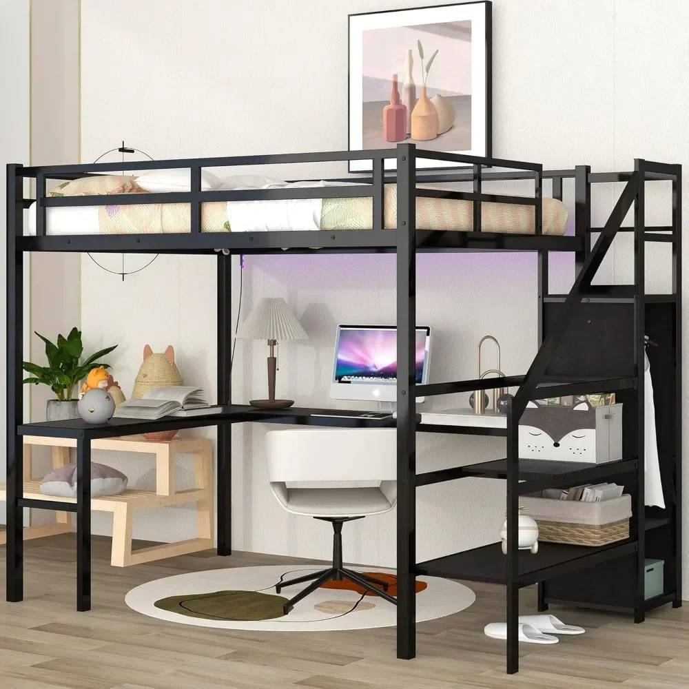 Bunk Beds Full Loft Bed, Storage Stairs and Wardrobe, Full Loft Bed with Charging Station (USB Port, Outlets) Bunk Bed