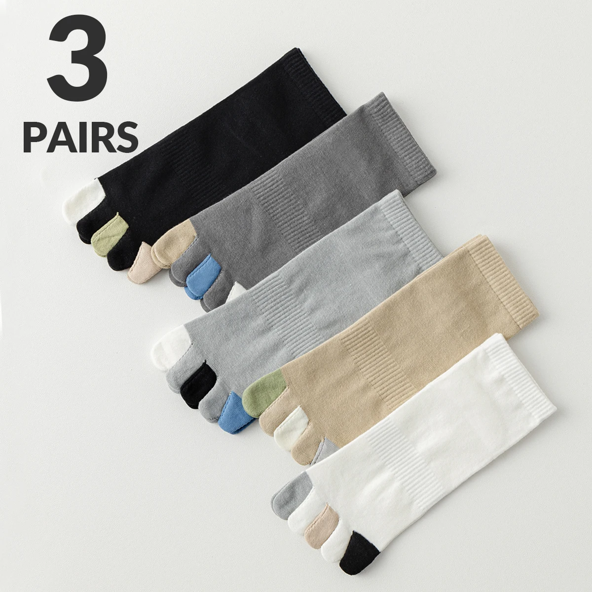 3-Pair Men's Cotton Four Seasons Simple Color blocked Fashion Versatile College Style Comfortable Breathable Five Finger Socks