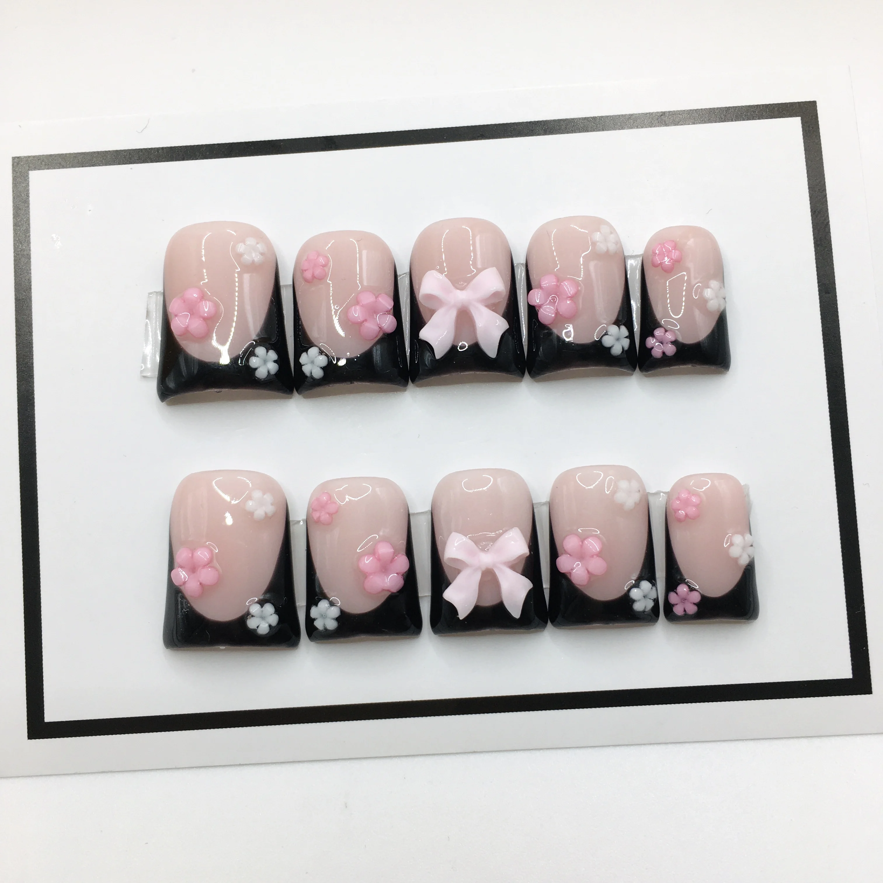 Wholesale High Quality Pink flower False Nails Press Designs French short duck Fake Nail Press On Nails