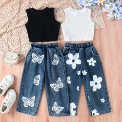 2Pcs Summer Children Girls Clothing Sets Sleeveless Tops+Floral Pants Toddler Baby Kids Girls Vest Jeans Clothes Suit D2L