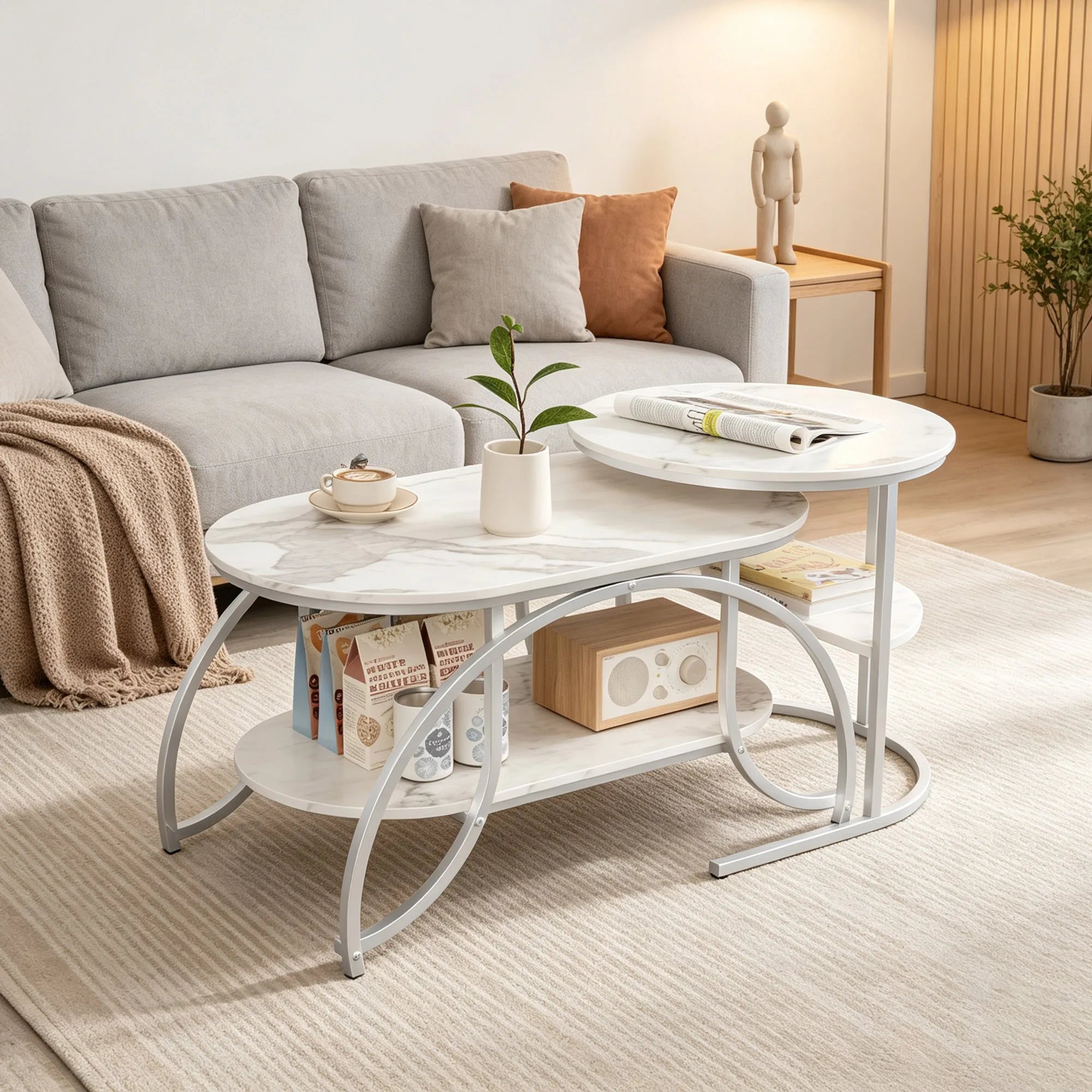 Table basse extensible Comanlai, plateau en marbre, pieds en métal argenté, design antirouille, pour salon, balcon, bureau, maison.