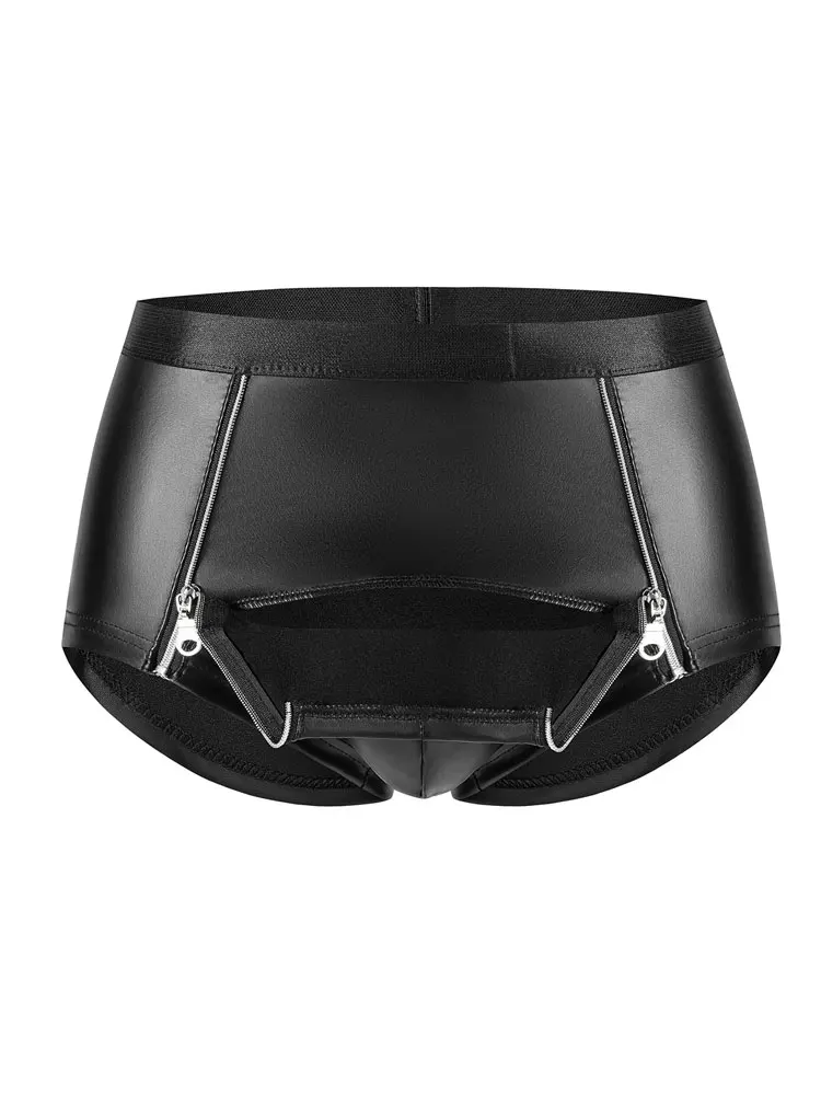 

Sexy Matte Shiny Leather Panties Men's Boxer Fashion Double Zipper Open Bulge Pouch Sheath Underwear Clubwear Punk Shorts Male