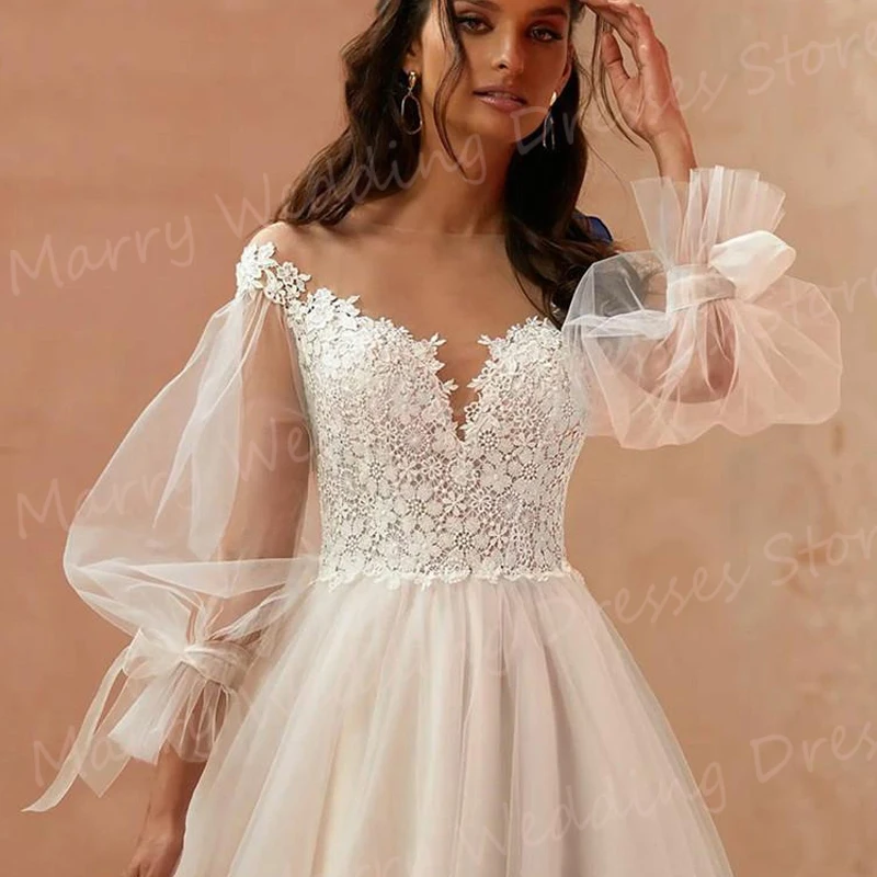 Beautiful O-Neck Tulle Wedding Dresses A-Line Lace Appliques Button Back Long Puff Sleeve Bride Gowns Romantic Robe De Mariee