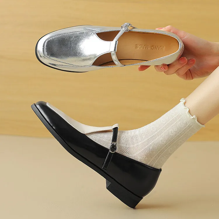 

2024 весенние серебристые кожаные женские туфли на плоской подошве с T-образным ремешком, мелкие эспадрильи, черные, белые Формальные рабочие туфли на шпильках, британская обувь для женщин
