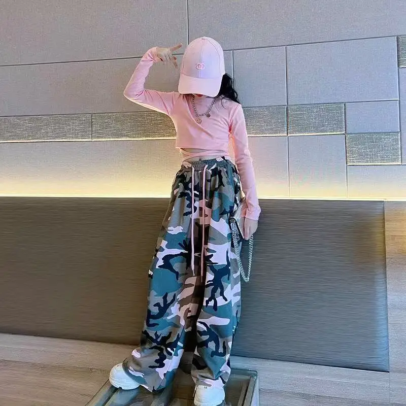 Autumn Winter Girls Child Set Teens Sweatshirt T SHIRT Crop Top Pink + loose Wide Leg Pants Tracksuit 5-15 Year