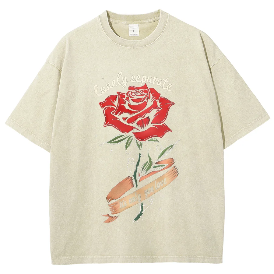 Romantic Rose-Print Women's T-Shirt Washed Fashionable Short-Sleeved Statement Features Oversized Tee Summer Basics