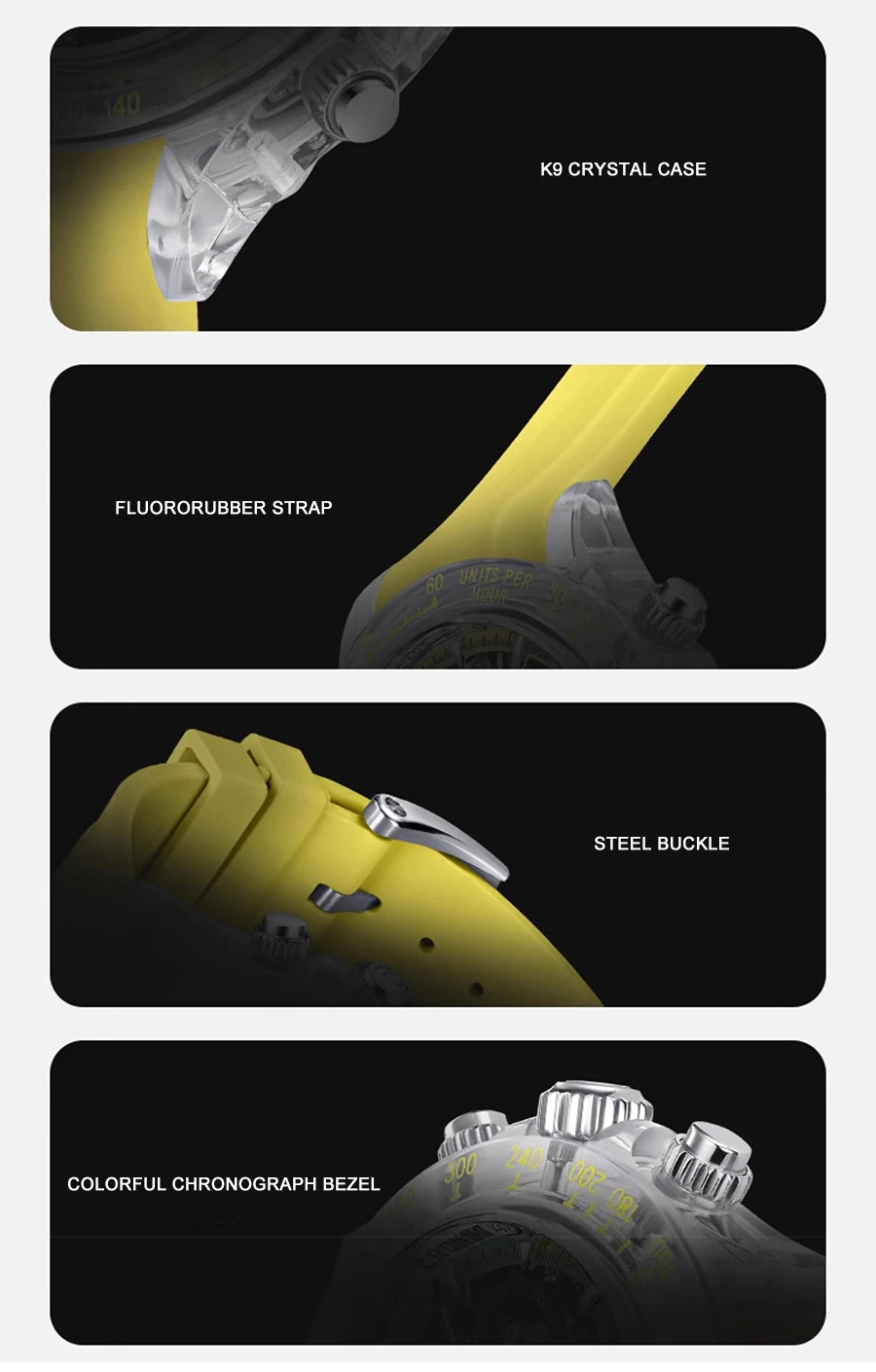 CRONUSART Men Automatic Watch Chronograph K9 Crystal Case Mechanical Wristwatch Skeleton Luminous Fluororubber Strap Limited