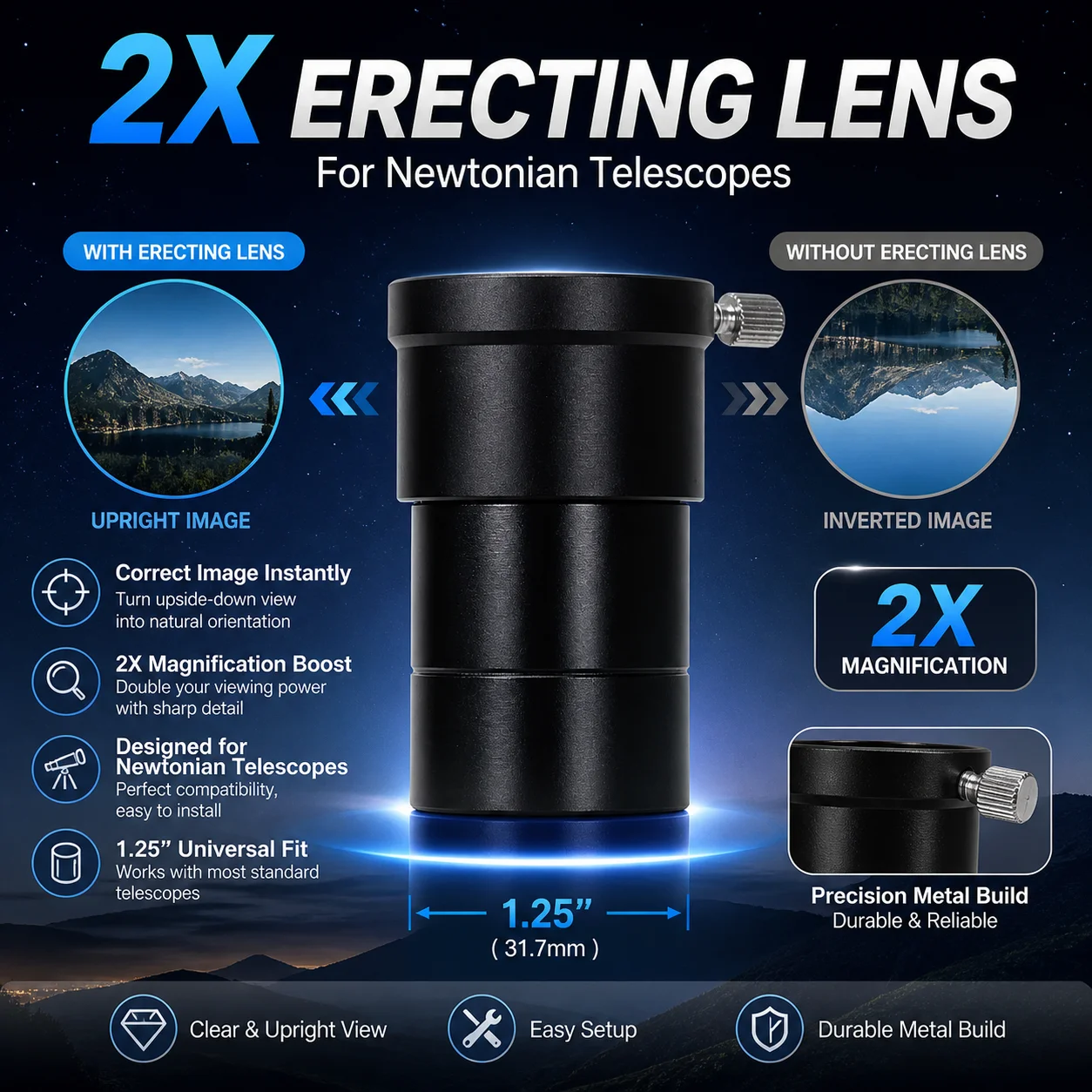 

1.25" 2X Erecting Eyepiece for Newtonian Telescope Correct Upright Image Lens Astronomical Observation Accessory