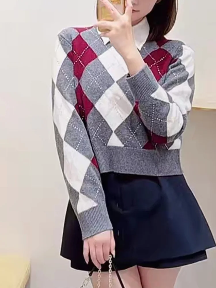 High-End Version Casual Knitted Long Sve Diamond-Embroidered Leisure Sweater ort Knitted Top for Women