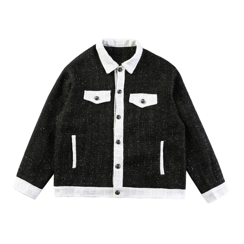 2021 Autumn winter Korean style unique black white Mixed colors jackets casual loose woolen  jacket men,M-XXL