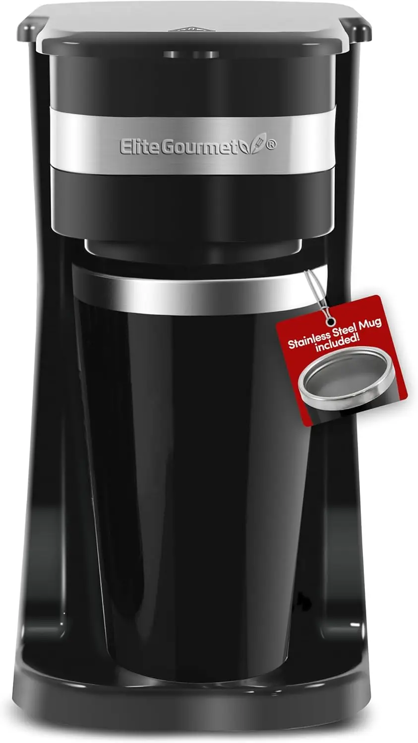 

Compact Single-Serve Coffee Maker with Stainless Steel Travel Mug, Reusable Filter, Black