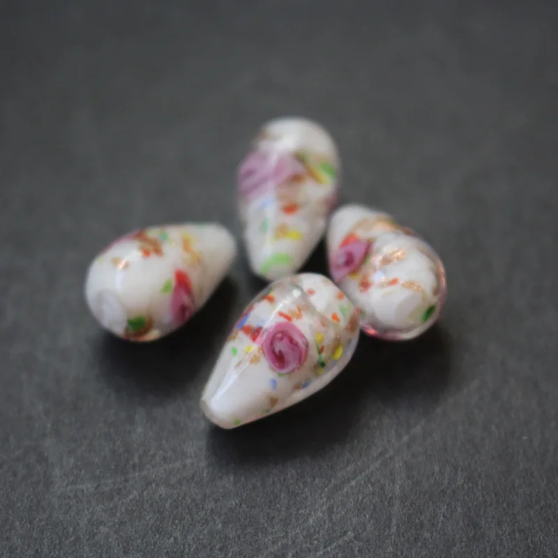 20Pcs 9mm*16mm Drop Shape Lampwork Glass Beads Flower With Inner Colorful Pieces DIY White Purple Color for Jewelry Making