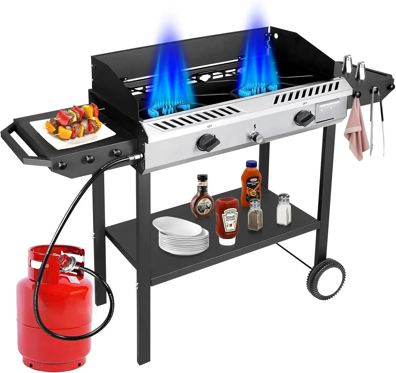 2 Burner Propane Stove, 150,000 BTU Outdoor Gas Stove with Auto | Ignition, Regulator, Side Shelves & Wheels, Portable Propane