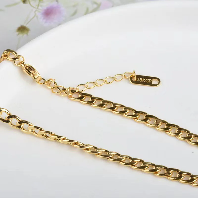 Water Proof Not Fade 24K Gold Plated Stainless Steel Classic Fashion Unisex Cuba Pure Chain DIY Necklace For Women Men Students