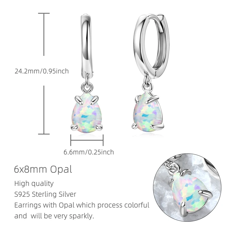 Classic 925 Sterling Silver Women Hoop Earring Fashion Pear Shape 6x8mm White Opal Waterdrop Earrings for Ladies Jewelry Gift