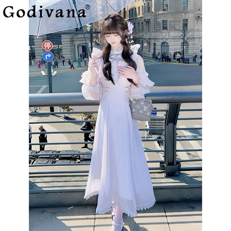 

Прозрачное нежное платье с открытыми плечами в японском стиле, платье Лолиты с длинными рукавами и воротником-стойкой для девочек, женское кружевное лоскутное платье с рюшами