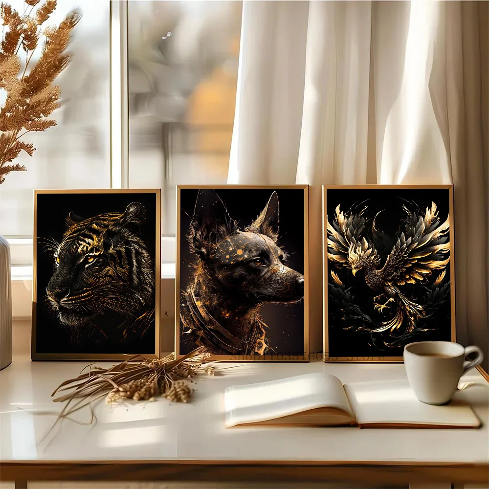1PC Golden Lion Butterfly Wolf Tiger Poster Paper Home Living Room Entrance Bar Restaurant Art