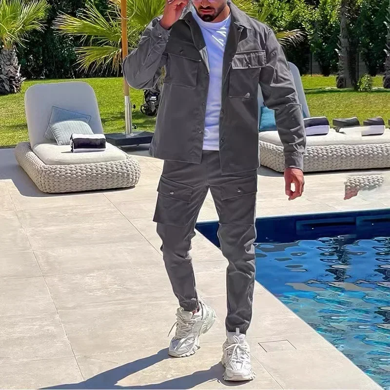 Men's 2-Piece Tracksuit Jacket Cargo Pants Set with Pocket Single Breasted Casual Spring Fall Solid Color Male Jacket
