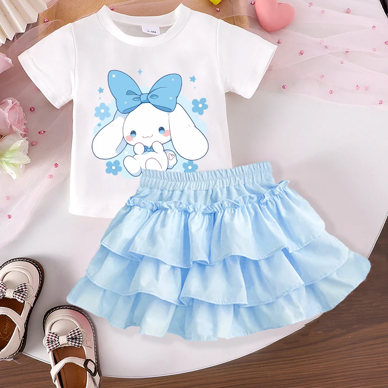 سانريو مرحبا كيتي جديد الفتيات تي شيرت كعكة تنورة مجموعة أزياء الكرتون طفل قصير الأكمام الاطفال عيد ميلاد الهيب هوب ملابس خارجية هدية