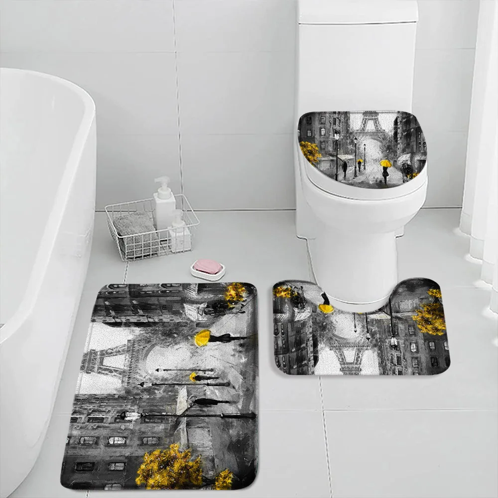 Paris Eiffel Tower Bath Mat Set 3Pcs Europe Architecture Oil Painting UK Big Ben Pink Yellow Home Carpet Rug Toilet Lid Cover