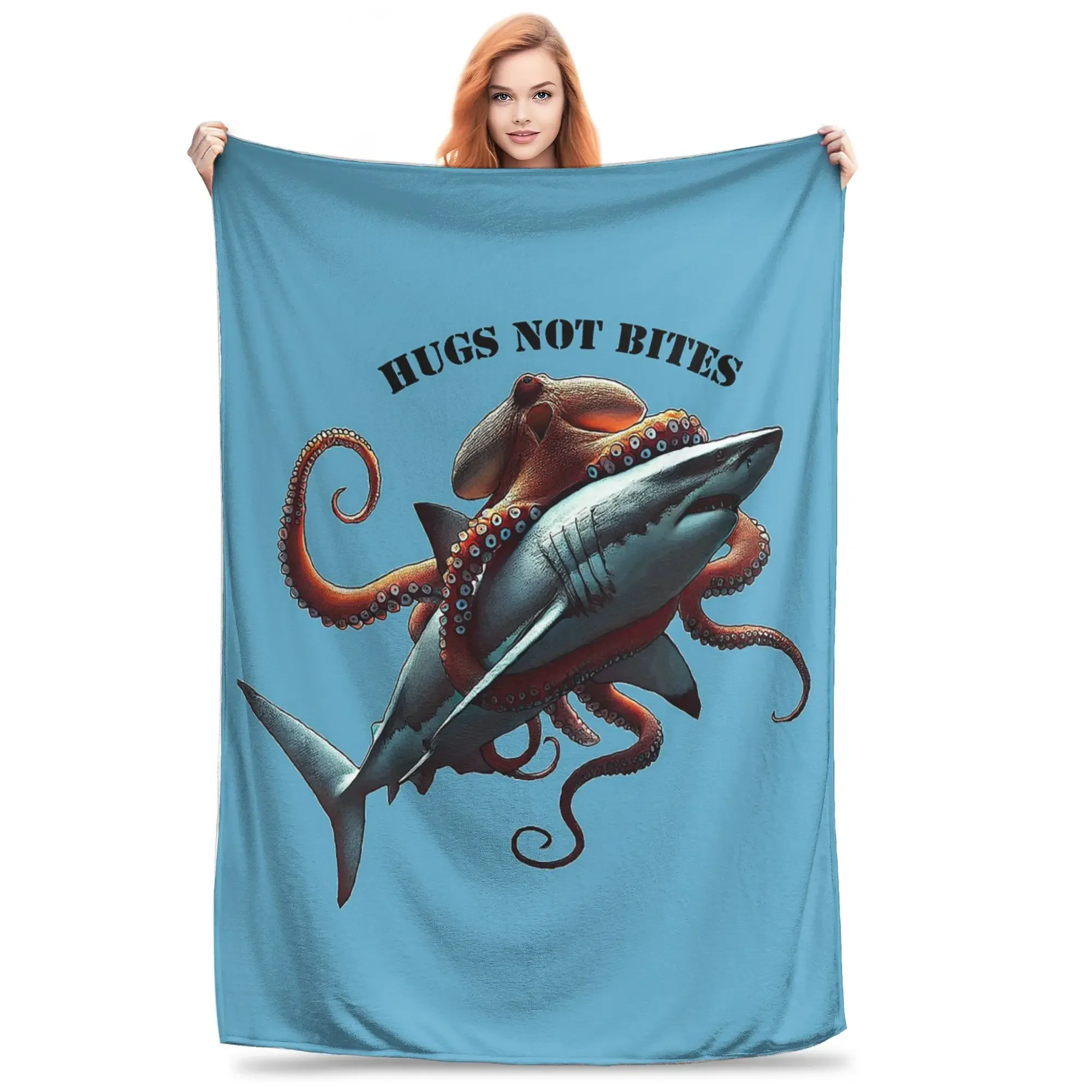 Giant Underwater Octopus Hugging a Huge Great White Shark URM Blanket Portable Fleece Throw Blanket for Couch Bedding Office