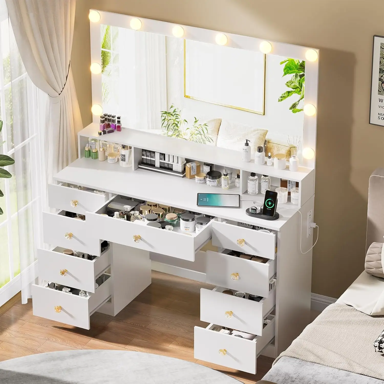 Tocador Blanco con Espejo Iluminado, Escritorio de Maquillaje con Tomacorriente, 9 Cajones y Estantes de Almacenamiento, Escritorio Grande de 43.3 Pulgadas