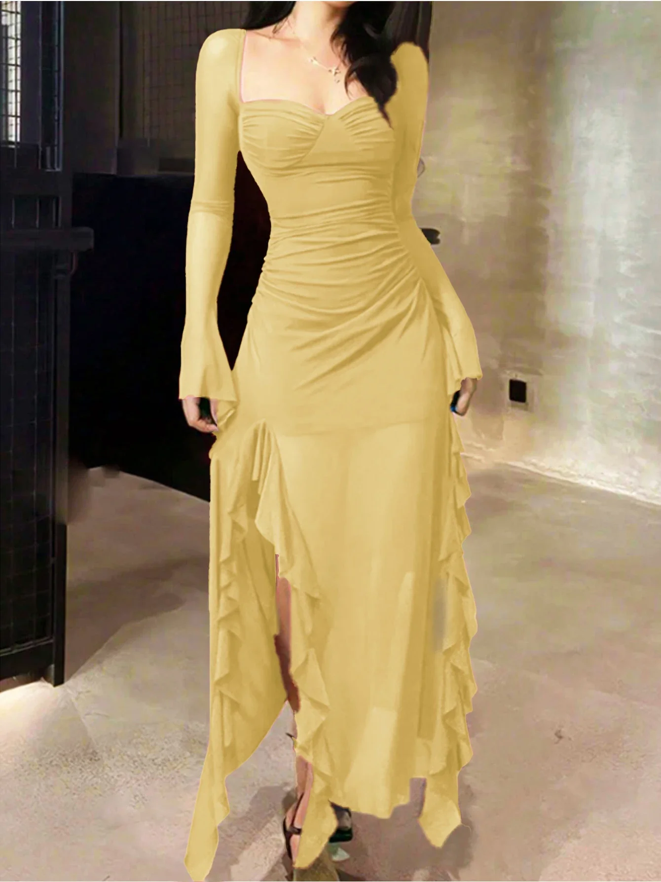 レディース無地フリルトリム長袖ドレスエレガントなファッションシアーメッシュドレス、日常のアウトドアウェア、女性のドレスオールシーズン対応