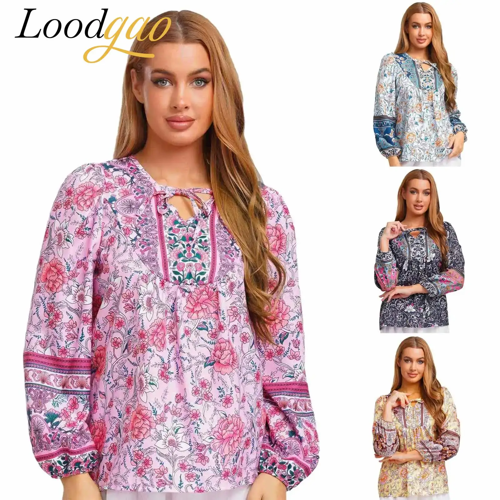 

Women Loose Long Sleeve Floral Tops V-neck Woman Summer Casual Blouses Dating Beach Vacations Boho Blouse Fashion Tops Clothes