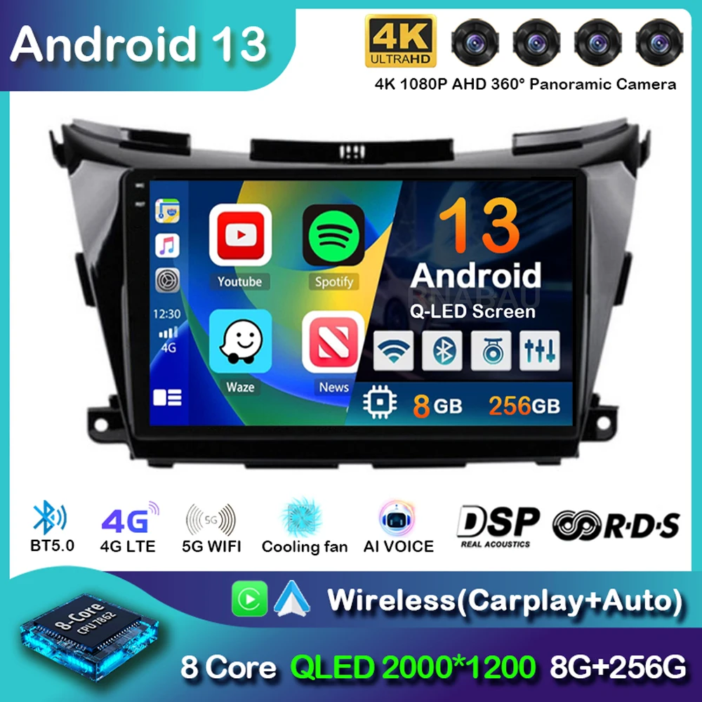 

Android 13 Carplay Auto Car Radio For Nissan Murano Z51 2014 2015 2016 2017-2020 GPS Multimedia Stereo Player Video Head Unit